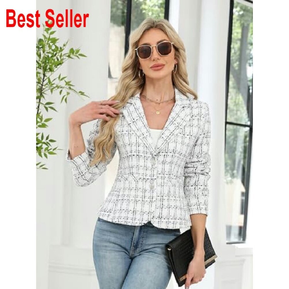 Tweed Blazer Slim Fit Business Casual Jacket Classic Elegant Work Wear - Picture 6 of 8